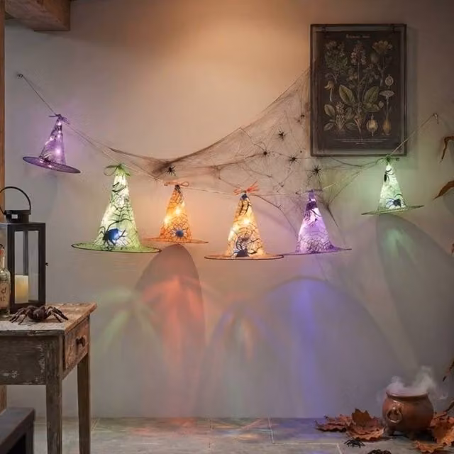 Garden Greatness Multicolour LED Hanging Spider Witch Hats for Halloween