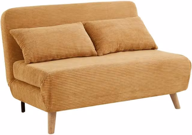 Cornflower L-Shape Sofa Bed in Gold Cord Fabric with Scatter Cushions