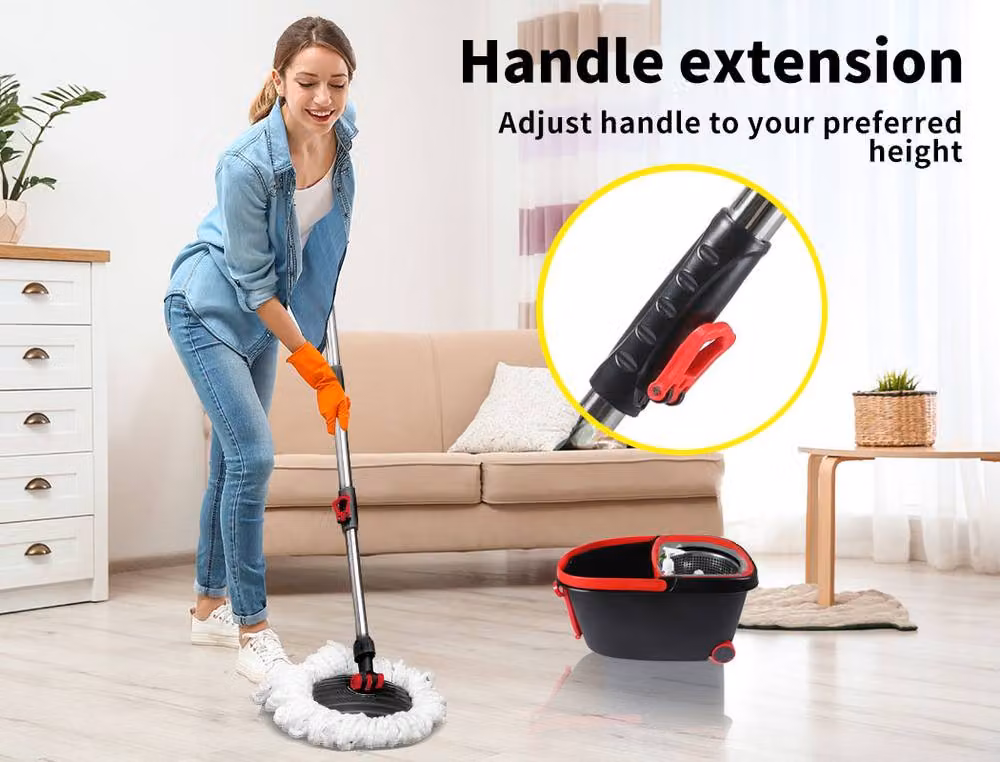 Cleanflo Spin Bucket Set with Stainless Steel Wringer and Microfibre Mop Head in Black – 6