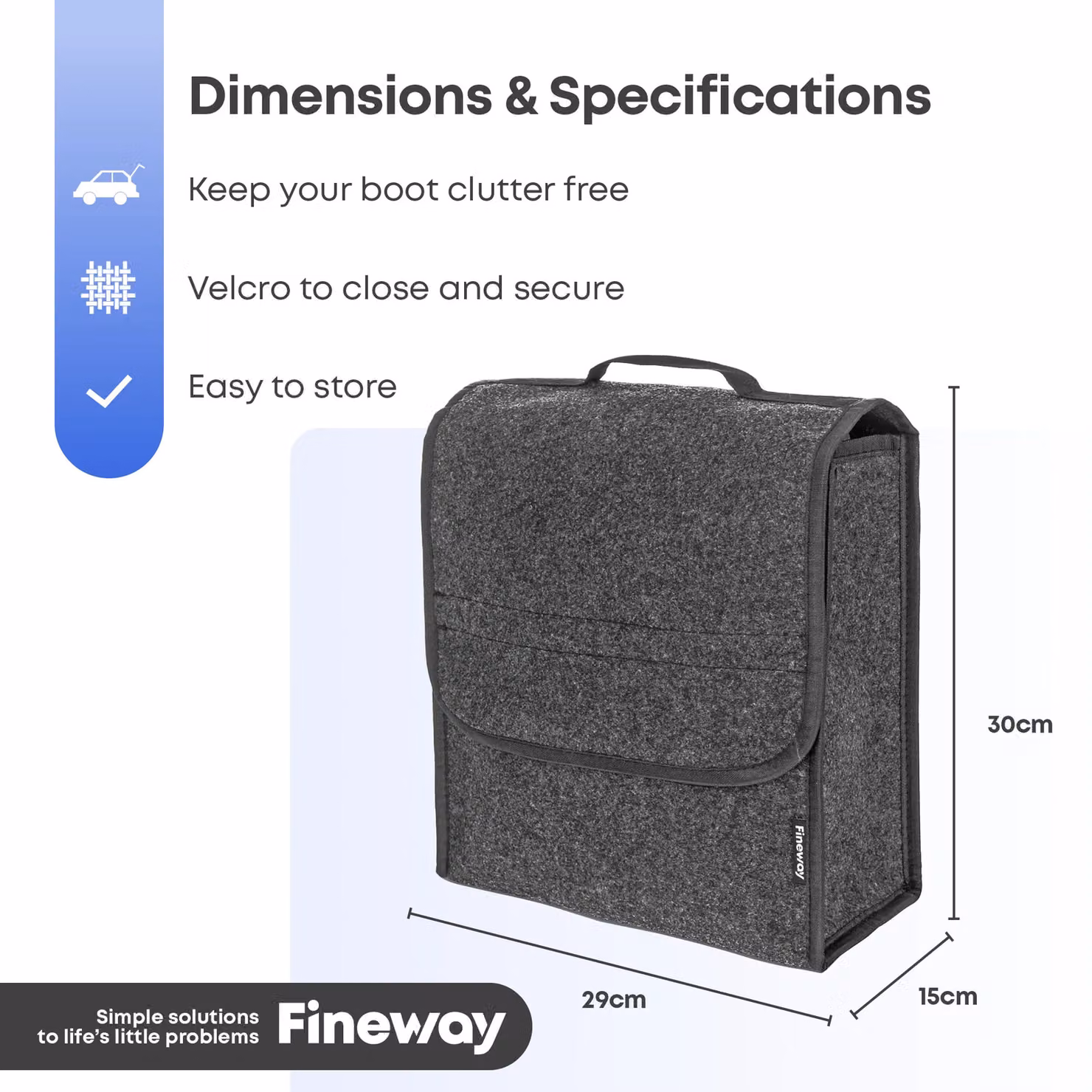 FINEWAY Tall Velcro Car Boot Organiser, Dark Grey, W: 29 cm, D: 15 cm, H: 30 cm – 4