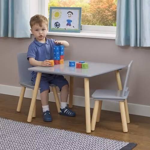 Liberty House Toys Kids Grey and Pinewood Table and Two Chairs Set, H 44 x W 60 x D 60 cm