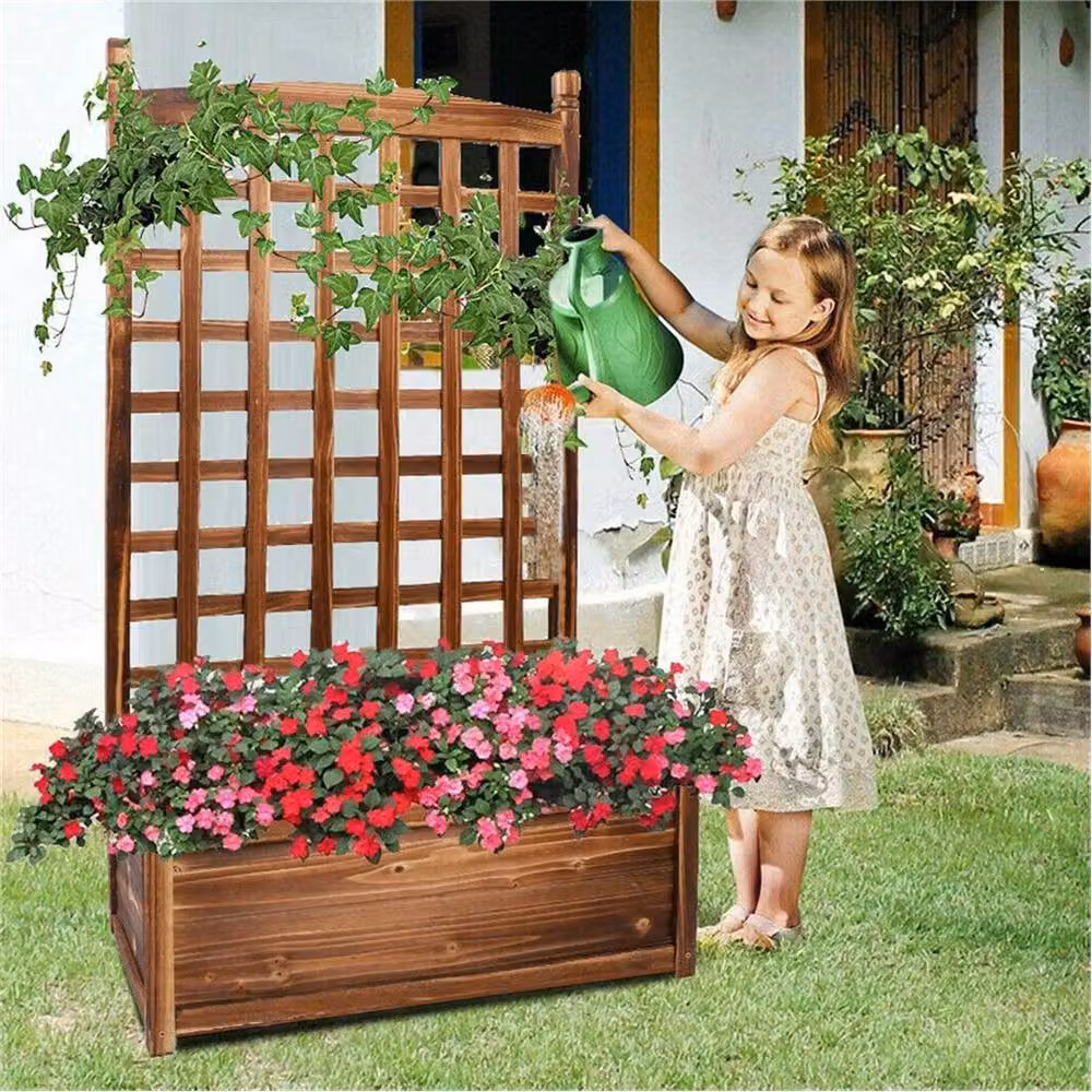 SPETLEK Brown Wooden Raised Garden Bed Planter Box with Trellis, W/D/H: 76 x 63.5 x 29 cm – 4
