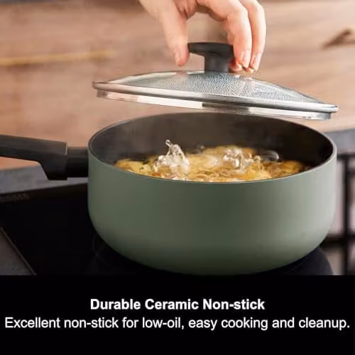Morphy Richards 3-Piece Ceramic and Aluminium Saucepan Set, Green – 1