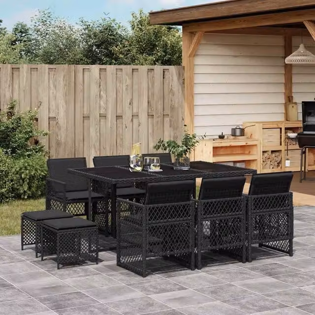 Berkfield Home 11 Piece Black Poly Rattan Garden Dining Set with Cushions – 1