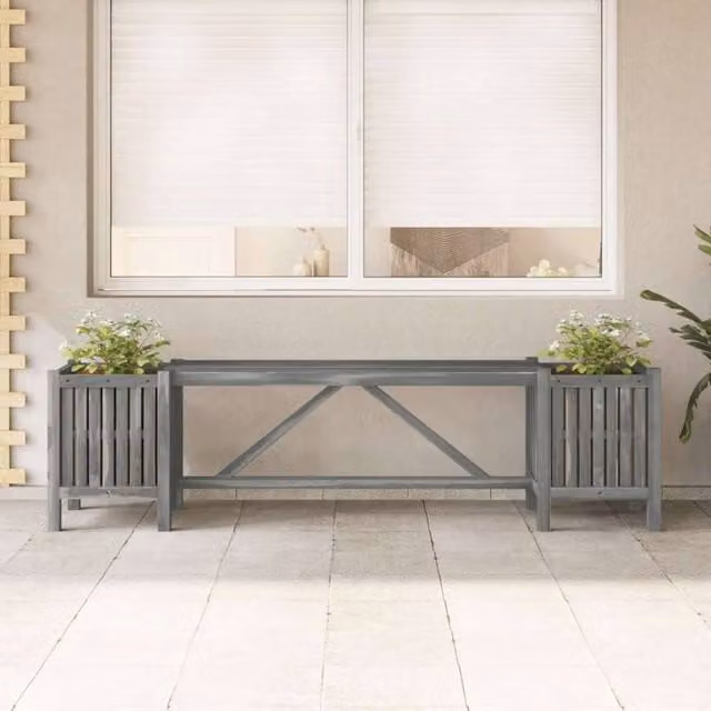 Berkfield Home Practical Garden Bench with 2 Planters, Solid Acacia Wood, Grey, W/D/H: 150 x 40 x 30 cm – 1