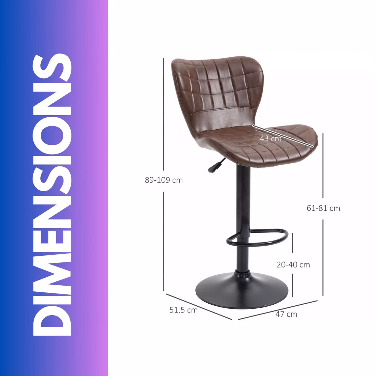 Rafaelo Mobilia Set of 2 Retro Brown Faux Leather Adjustable Height Swivel Bar Stools – 3