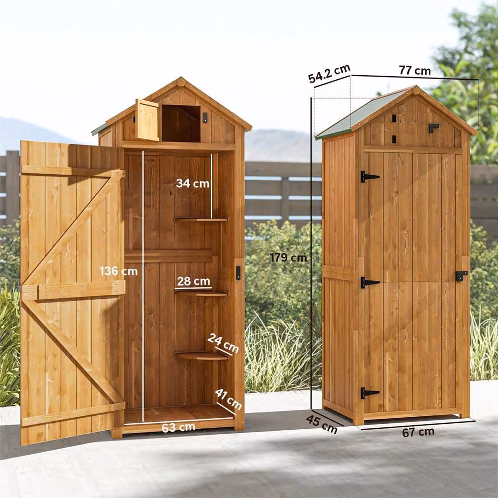 SPETLEK Brown Wooden Garden Storage Shed with 3 Shelves, H 179 x W 67 x D 45 cm – 2