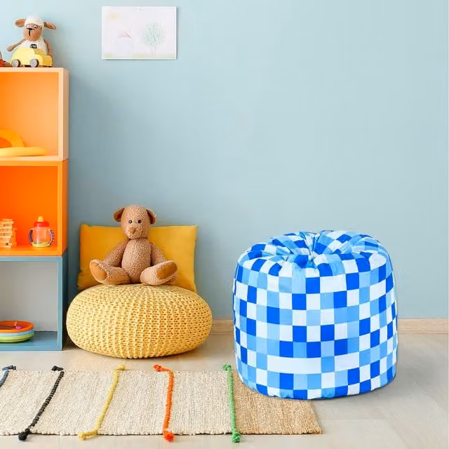 Ready Steady Bed Kids Round Bean Bag Chair in Blue and Brown Geometric Pixels Pattern