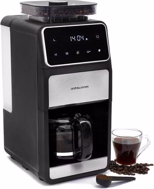 Andrew James Coffee Maker with Grinder and Glass Jug in Black