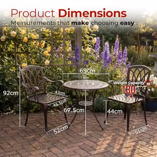 Centurion Supports Positano Black Lacquered Metal Garden and Patio Bistro Set with Table and 2 Chairs – 6