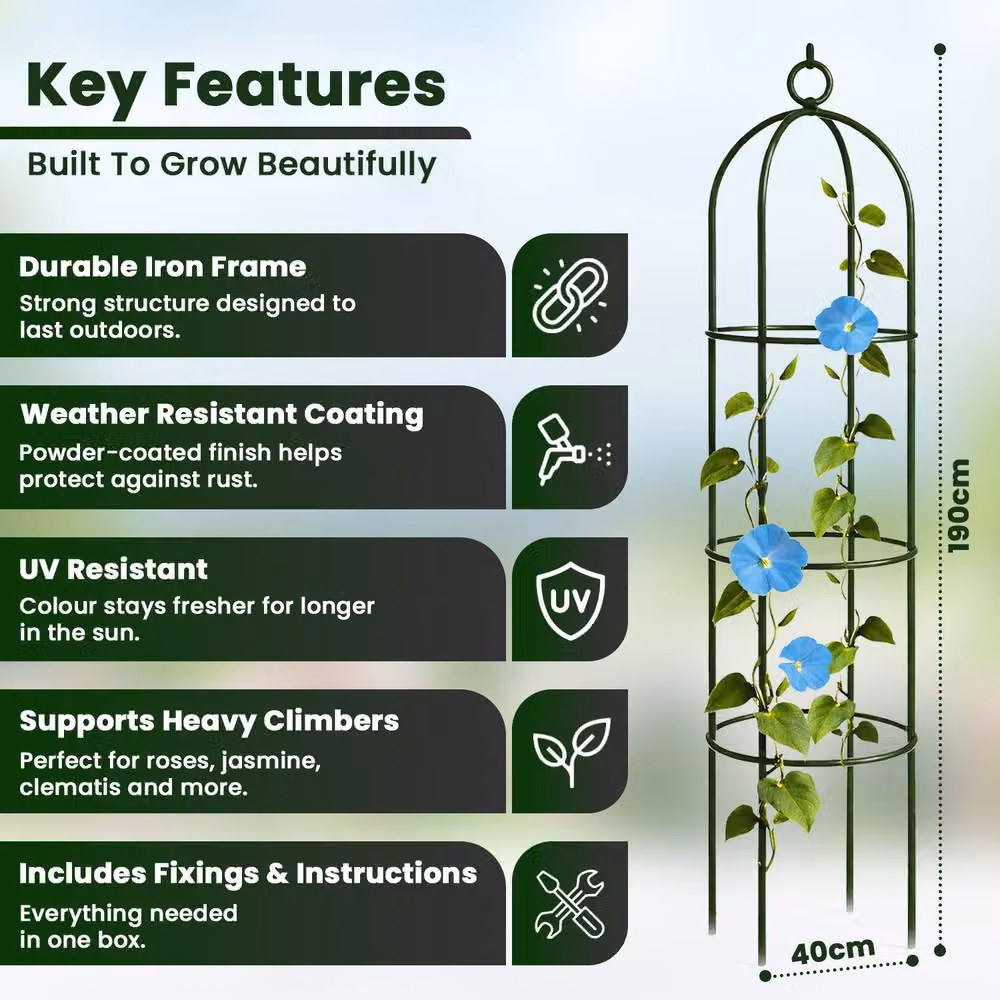 MANTRARAJ Green Metal Garden Obelisk Support for Plants and Flowers, H 190 cm x W 40 cm x D 40 cm – 3