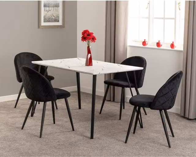 Seconique Marlow Modern Rectangular Marble Effect Dining Table with Four Black Chairs in White and Black