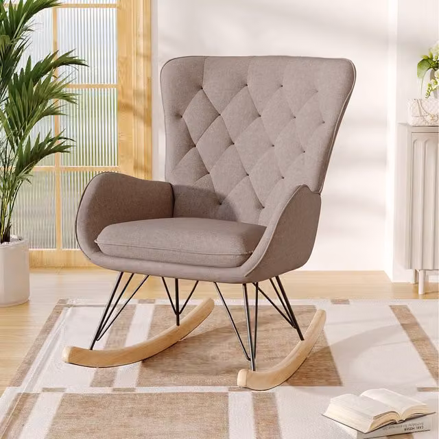 Livingandhome Brown Fabric Sponge Rocking Armchair with Integrated Cushion and Armrests