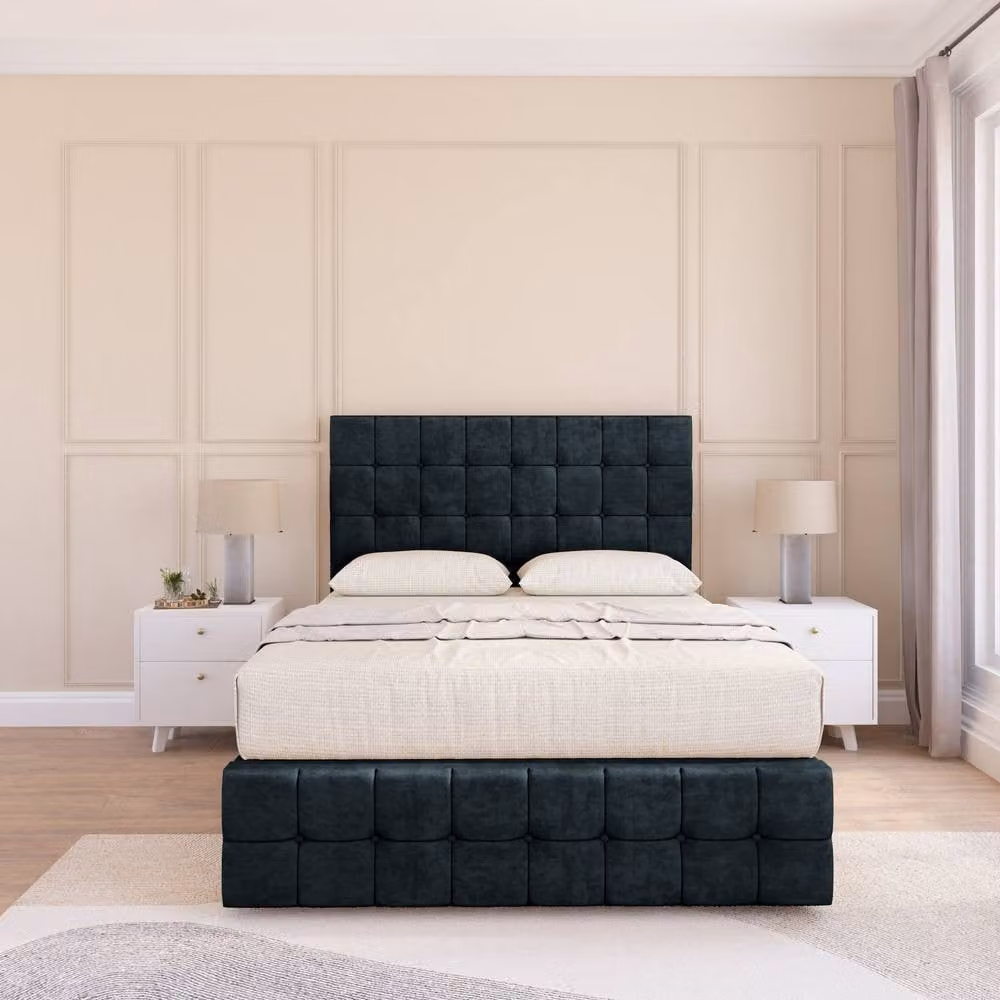 Sloomy Berlin Chesterfield Divan Bed Base with 54 inch Floor Standing Headboard in Black Velvet, Super King, W/D/H: 200 x 160 x 137.16 cm