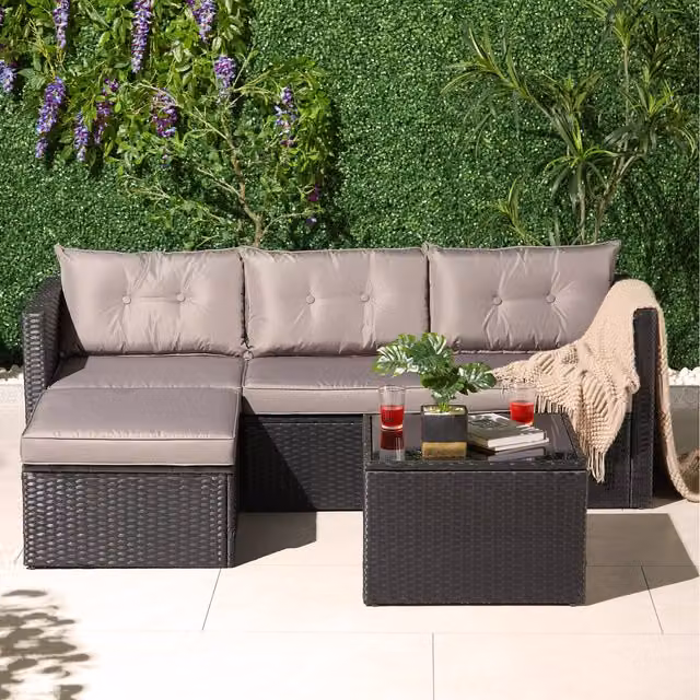 VonHaus Modern Black Rattan Corner Sofa Set with Glass Top Table