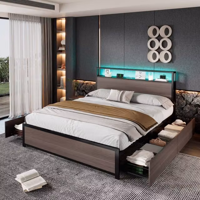 Aosom.UK Metal Double Bed with LED Light Strip, 4 Drawers and 3 USB Ports, Grey, W/D/H: 135.5 x 207 x 105 cm