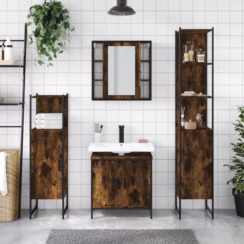 Berkfield Home 4 Piece Industrial Bathroom Cabinet Set in Smoked Oak and Brown Engineered Wood – 2