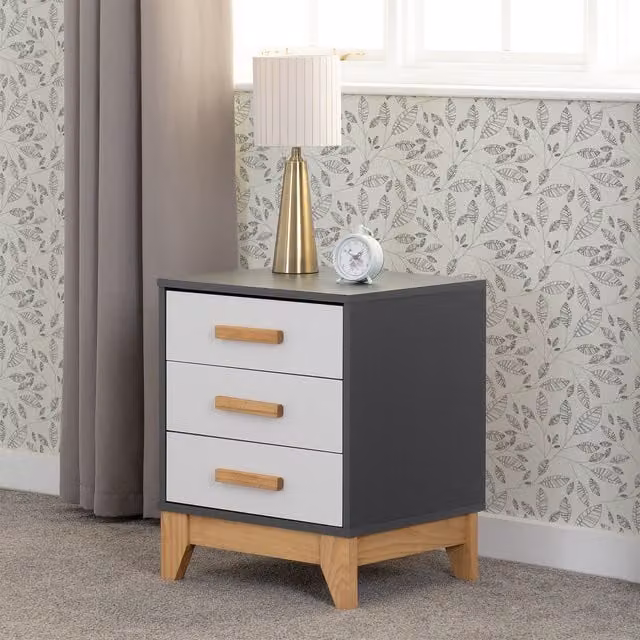 Seconique Cleveland 3 Drawer Bedside Table in Grey and White