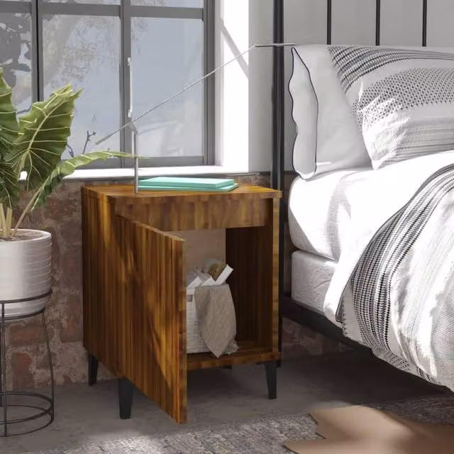 Berkfield Home Sturdy Bed Cabinet in Brown Oak with Metal Legs, W: 40 cm, D: 30 cm, H: 50 cm