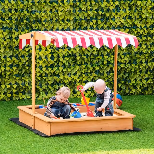Outsunny Wooden Sandpit with Adjustable Canopy and Bottom Liner, Yellow