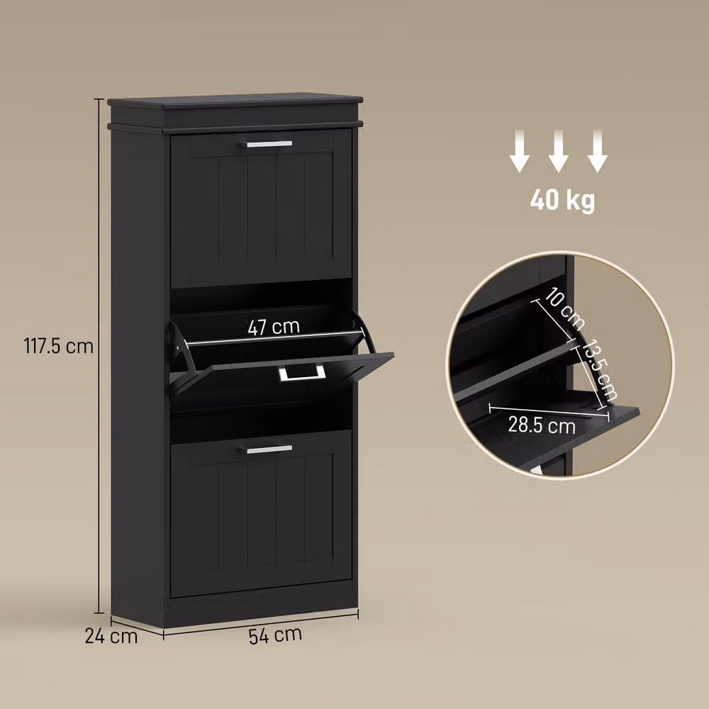 STILVORA Modern Black Matt Shoe Cabinet with 3 Tilting Doors and Internal Shelves, W/D/H: 117.5 x 54.0 x 3.0 cm – 3