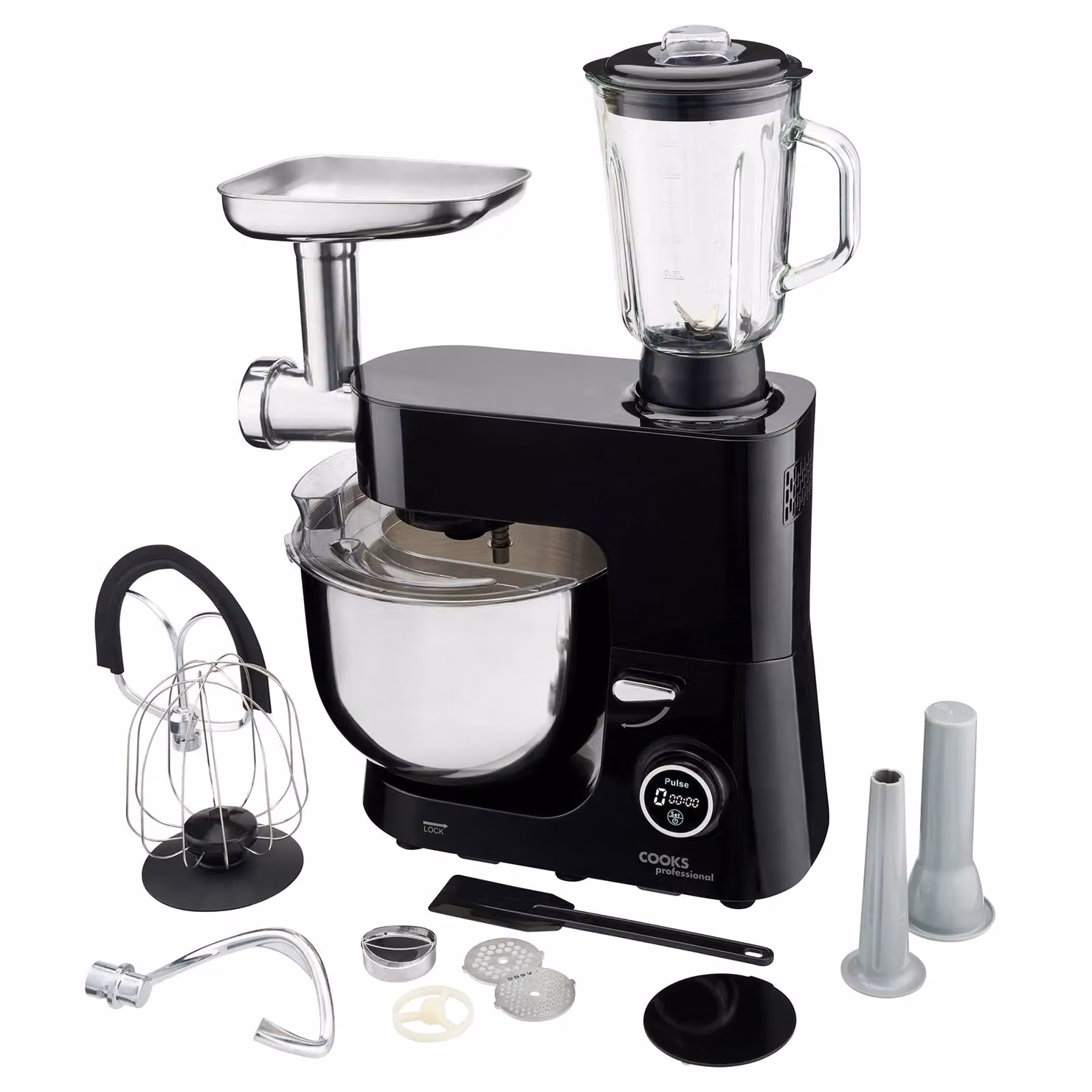 Cooks Professional Multi-Function 1800W Digital Stand Mixer with 8L Stainless Steel Bowl and Accessory Kit in Black – 3