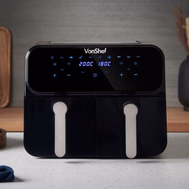 VonShef Dual Basket Air Fryer 9L with 2 Silicone Liners in Black – 1