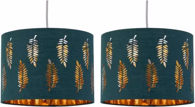 First Choice Lighting Set of 2 Fern Dark Green and Gold Modern Round Fabric Pendant Lightshades, Diameter: 30 cm – 1