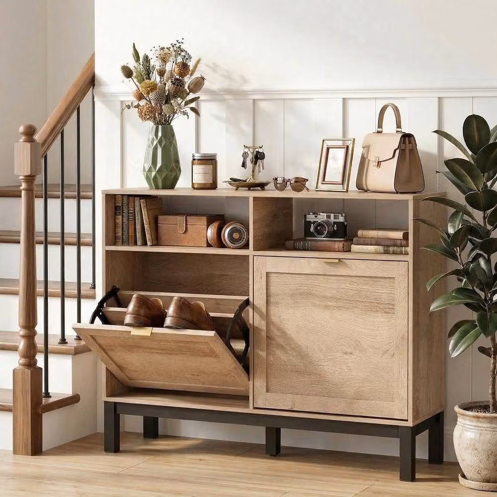 STILVORA Modern Brown Shoe Cabinet with Tilting Compartments and Open Shelves – 3