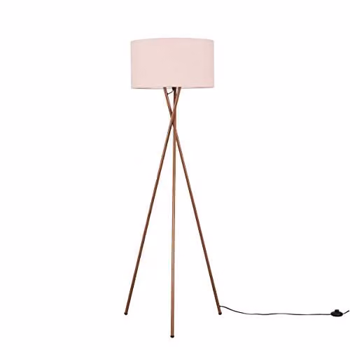 ValueLights Camden Modern Copper Metal Tripod Floor Lamp with Dusty Pink Fabric Drum Shade