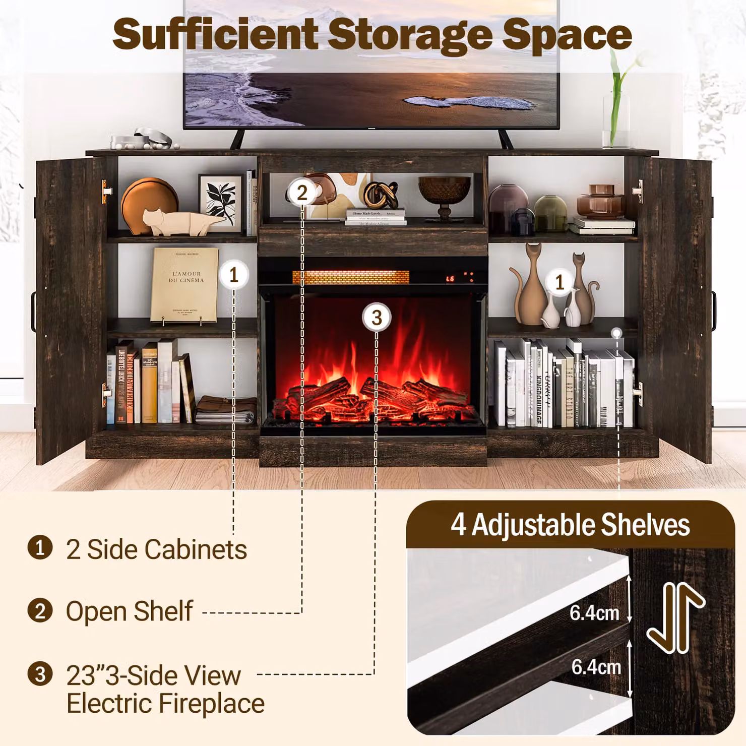 Costway Rustic Brown Media Console TV Cabinet for TVs up to 68 inch – 3