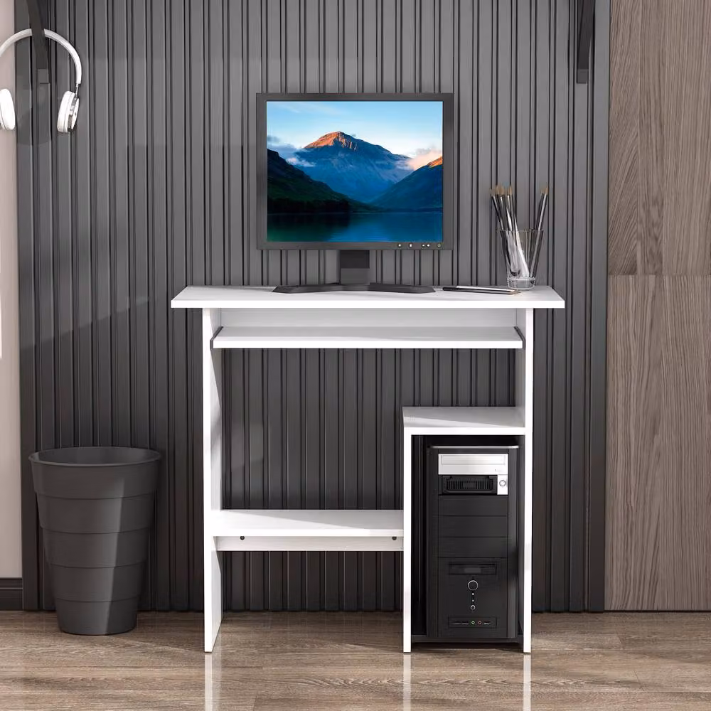 STILVORA Modern White Computer Desk with Keyboard Tray and Shelves – 2