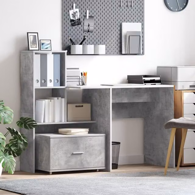Berkfield Home Writing Desk with Drawer and Shelf in Concrete Grey, W/D/H: 131.5 x 50 x 106.5 cm – 1