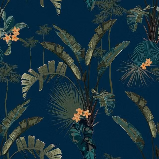 I Love Wallpaper Tropical Paradise Botanical Floral Wallpaper in Navy Blue and Yellow