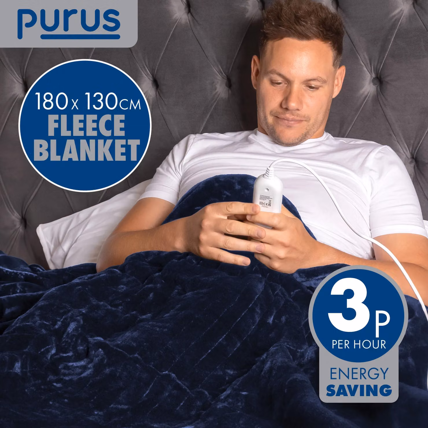 Purus Deluxe XL Navy Blue Electric Heated Double Over Blanket with Soft Fleece and Variable Heat and Timer Settings – 3