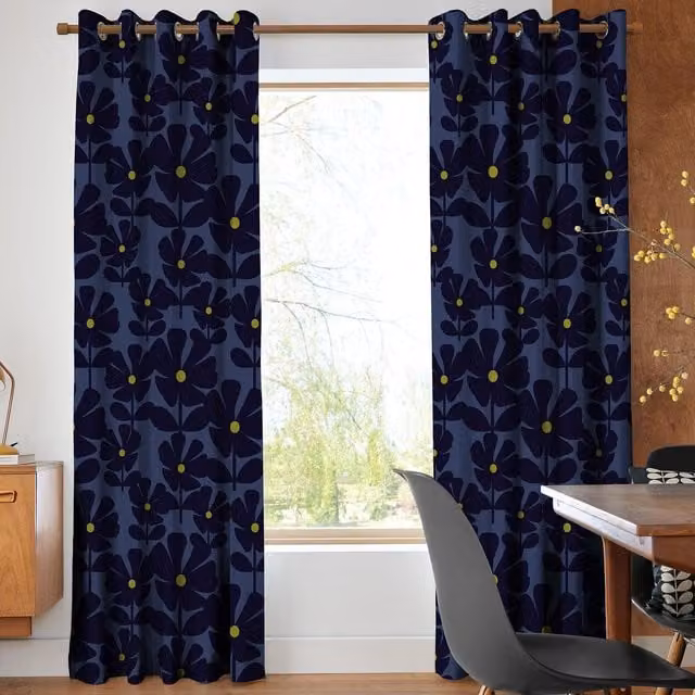 Orla Kiely Wildflower Made To Measure Blackout Eyelet Curtains in Blue and Purple Cotton