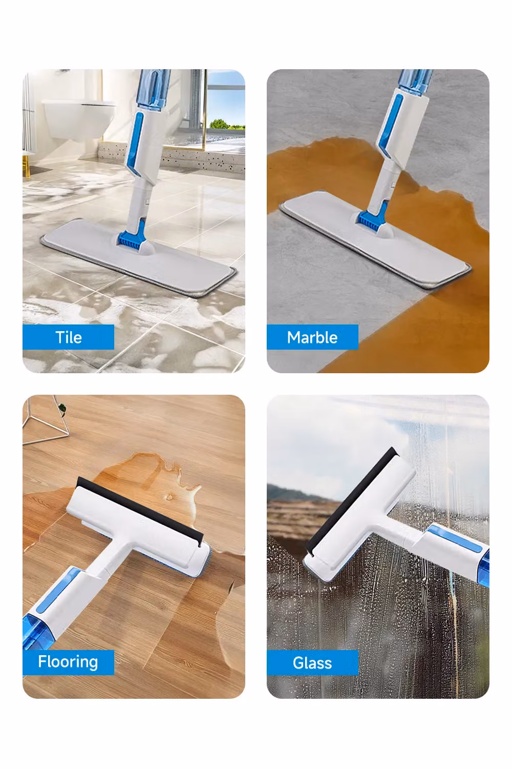 Living and Home 2-in-1 360 Degree Rotating Spray Mop and Window Squeegee with 350ml Water Tank and 4 Replaceable Pads in White – 2