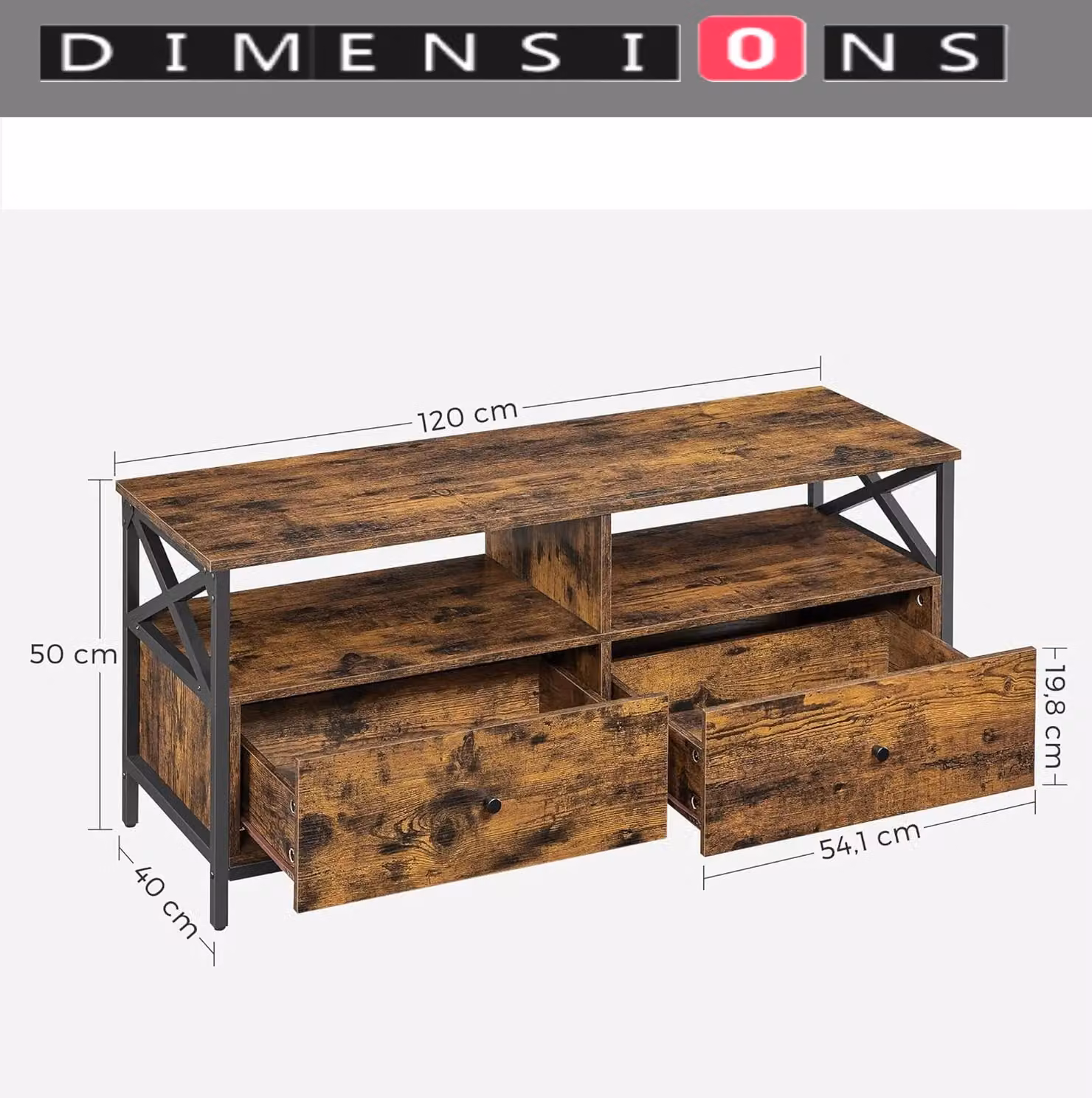 Modcraft Industrial TV Unit with Storage in Brown and Black, W/D/H: 120 x 40 x 50 cm – 4