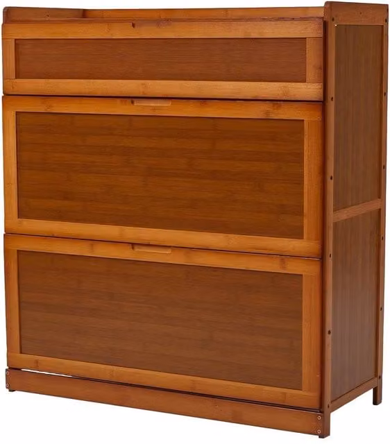 KORVIXA Modern Brown Bamboo Shoe Cabinet with 3 Tilting Compartments and Internal Drawers, Width: 90 cm – 1
