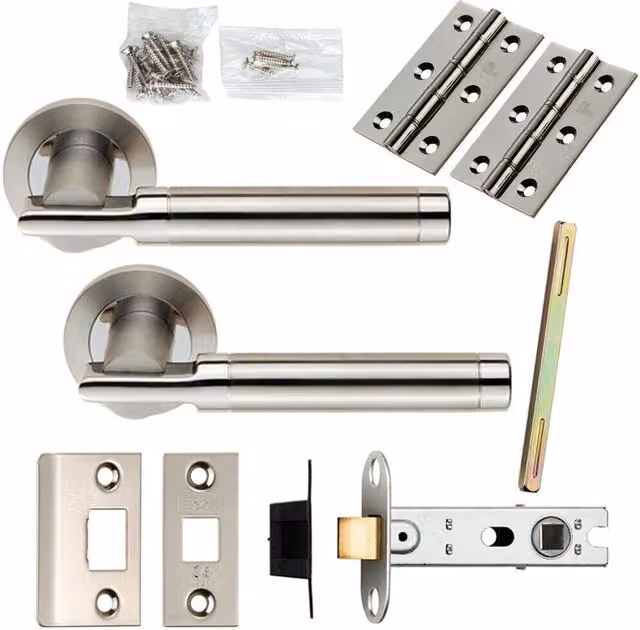 Loops Polished and Satin Steel Round Bar Door Handle and Latch Pack in Silver