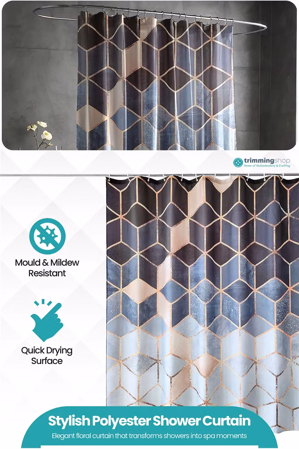 Neel Blue Geometric Waterproof Polyester Shower Curtain in Blue, W/D/H: 180 x 200 cm – 3
