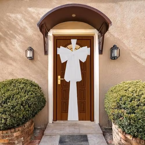 SHATCHI White Giant Christmas Door Bow, 9m Textile Decoration for Weddings, Parties and Home Decor – 5