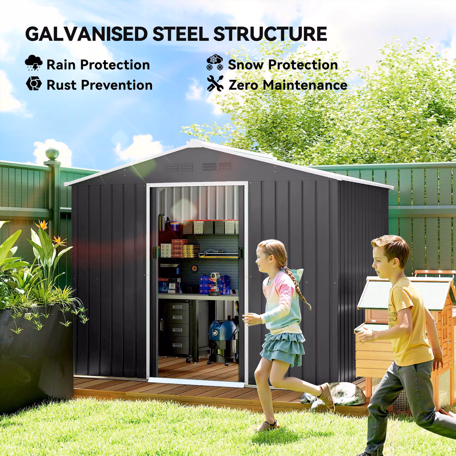 Outsunny Galvanised Steel Pent Shed with Double Doors and Side Vent, Dark Grey, W: 243.84 cm, D: 183.0 cm, H: 191.0 cm – 4