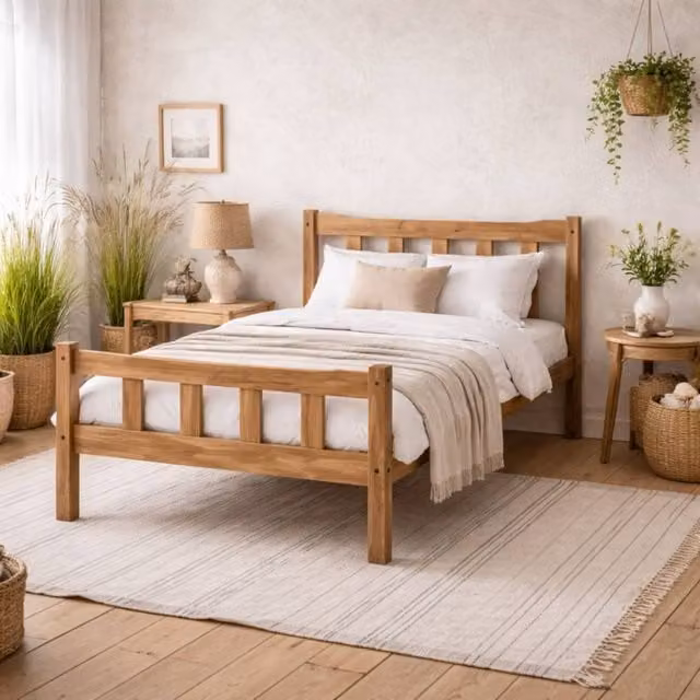 Wyld Haus Tralee King Size Bed in Brown Waxed Solid Pine with Slatted Headboard and Footboard, W/D/H: 180 x 200 x 96 cm – 1