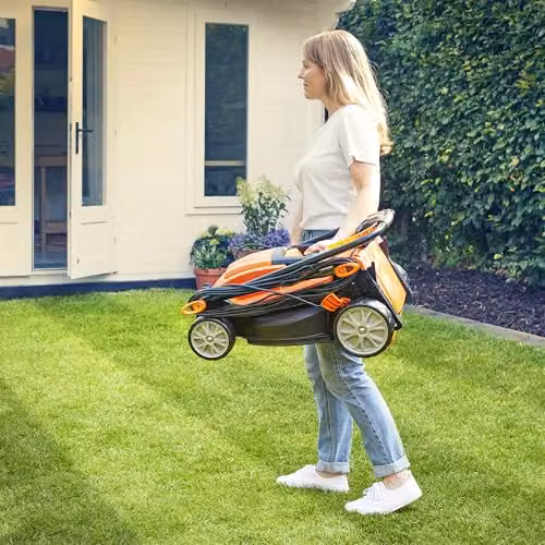 LawnMaster 1400W Orange Electric Lawnmower and Grass Trimmer Set with Collection Bag and Fixed Steel Blade, Corded Mains – 5