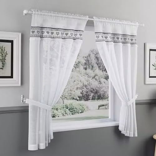 Tyrone Textiles Lucy Embroidered Heart Black and White Kitchen Window Curtain Pair with Frill Edging and Matching Tie Backs, Drop: 106 cm – 1