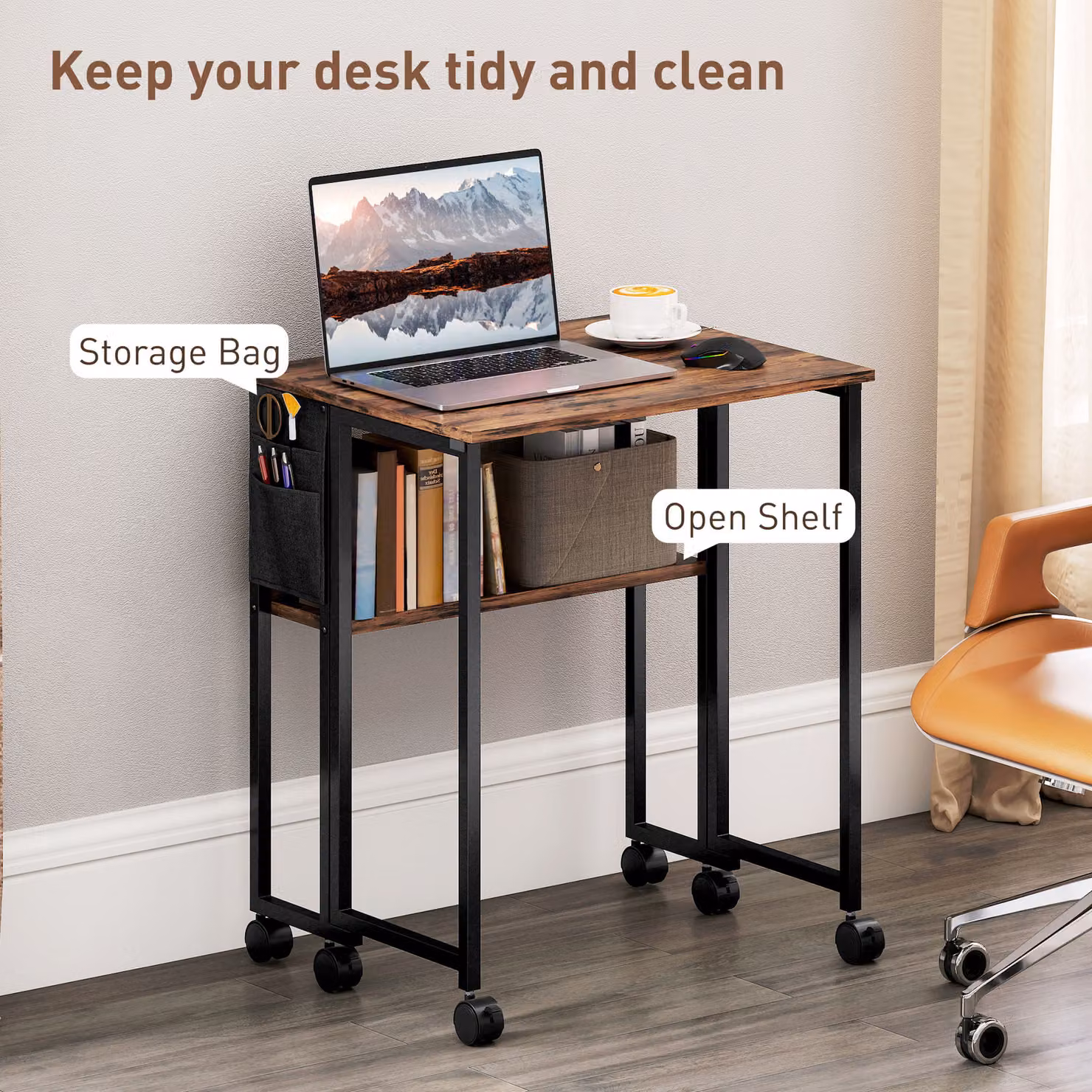 HOMCOM Rustic Brown Drop Leaf Writing Desk with Castors – 4