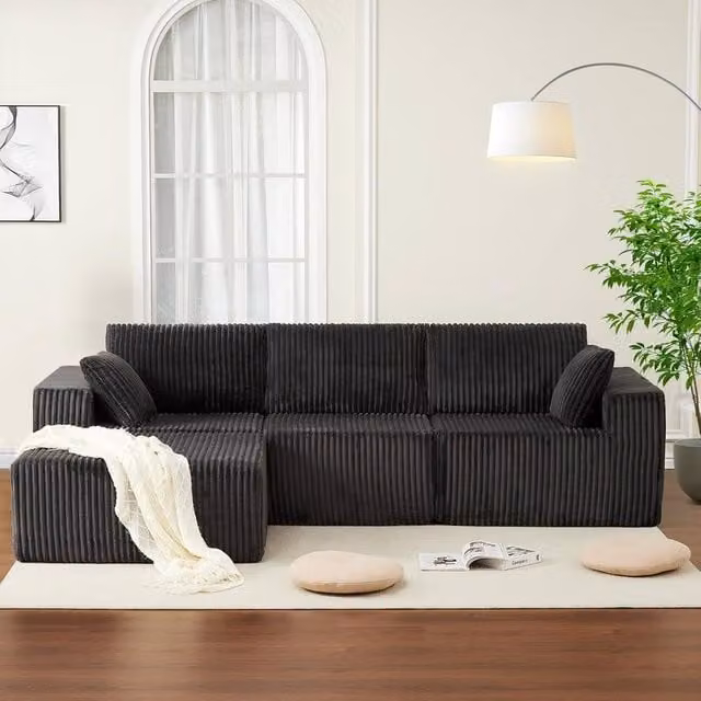 London Boutique 3-4 Seater Modular L-Shaped Sectional Sofa in Dark Grey with Sleeping Function and Removable Covers