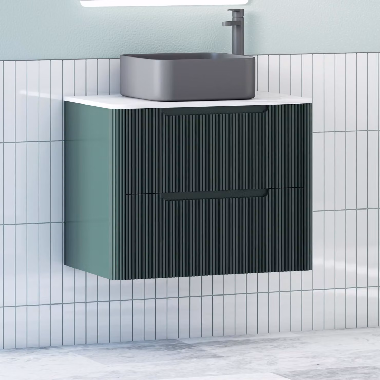 Royal Bathrooms Avenza Wall Hung Vanity Unit with Art Square Basin in Moss Green and White, 80cm Depth