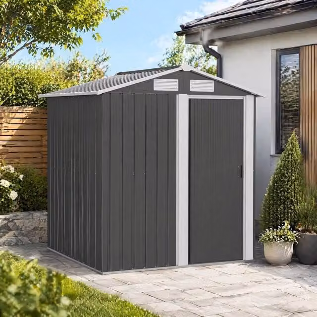 STILVORA Modern Steel Garden Storage Shed with Sliding Door and Window, Grey, W/D/H: 152 x 132 x 188 cm – 1